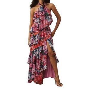 BHLDN Anthropologie Isabel Floral Ruffle Halter Maxi Dress Pink Multicolor NWT S